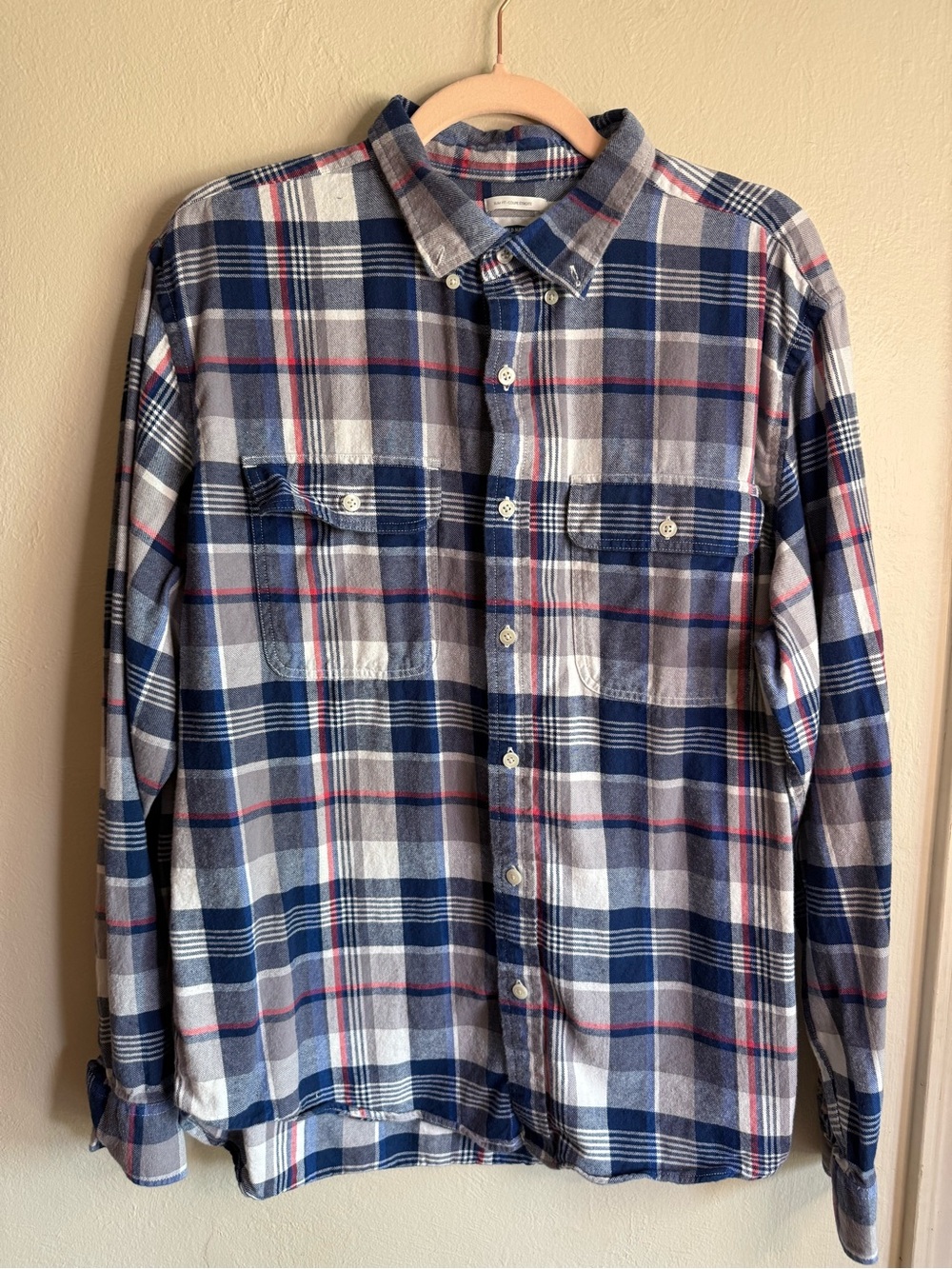 Old Navy Menβs XL Plaid Flannel Shirt Blue Gray Red Slim Fit Button Down